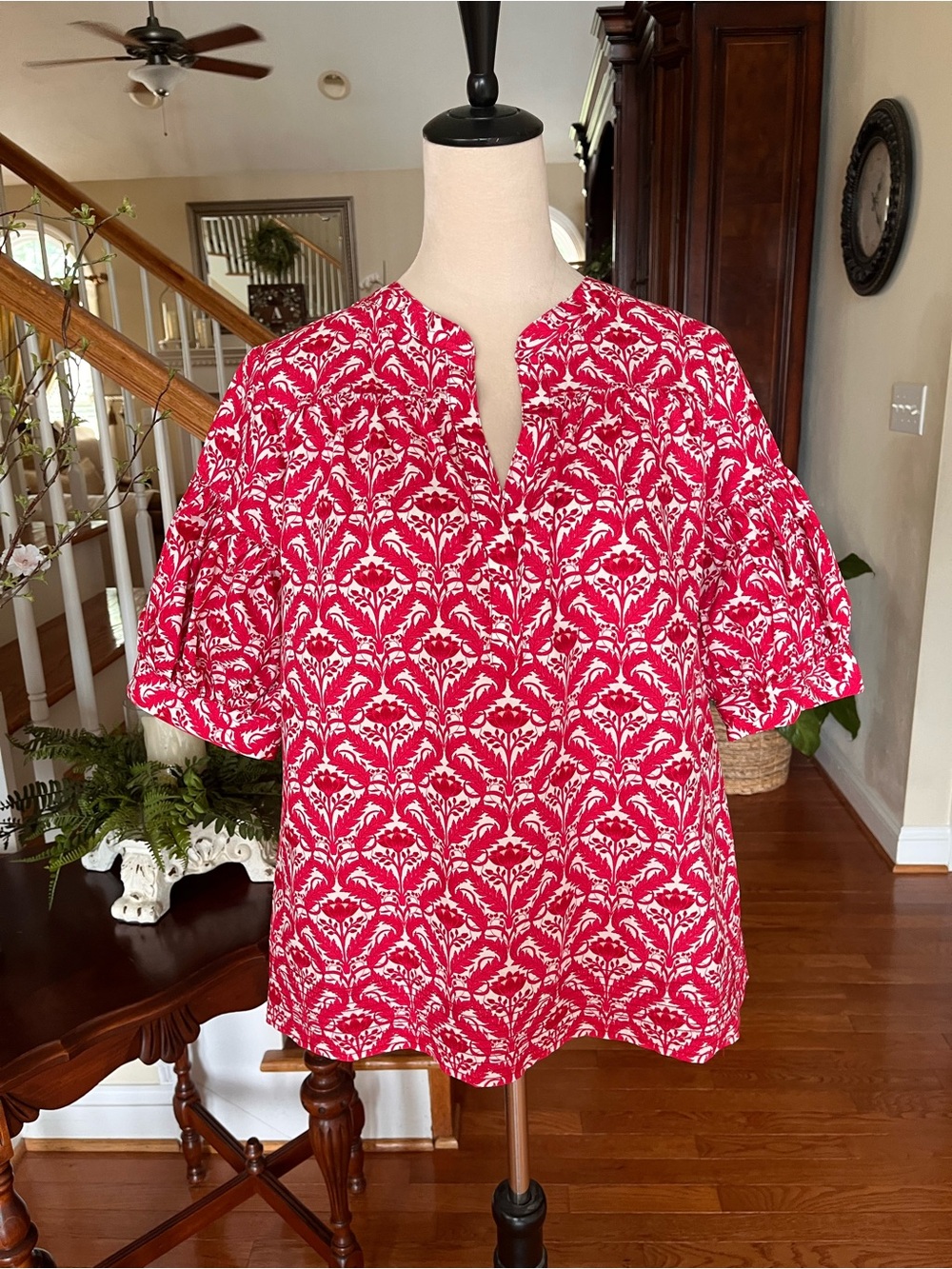 Philosophy Red Patterned Split-Neck Top